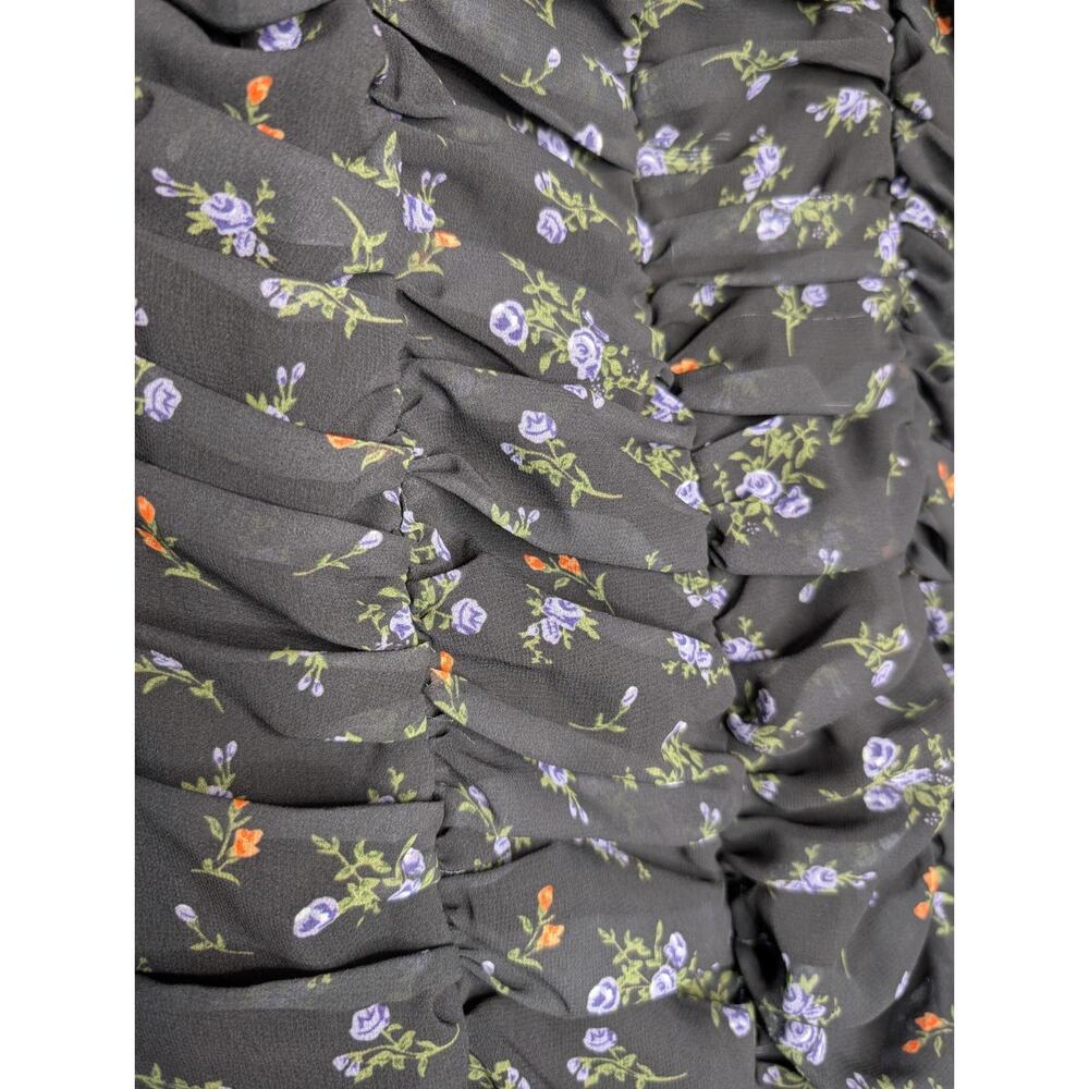 Ruched Sheer Black Floral Milkmaid Whimsigoth‎ Dark Fairy Coquette Mini Dress M - Picture 7 of 10